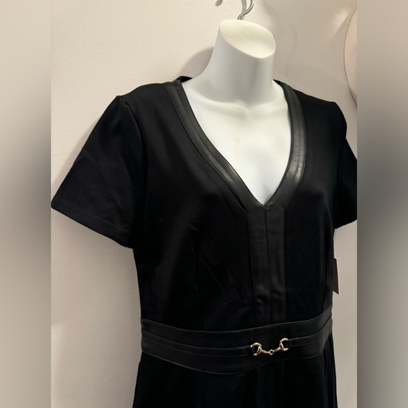 Ellen Stacy PONTE FLARE BLACK DRESS WITH VEGAN LEATHER TRIM size M - Picture 3 of 16